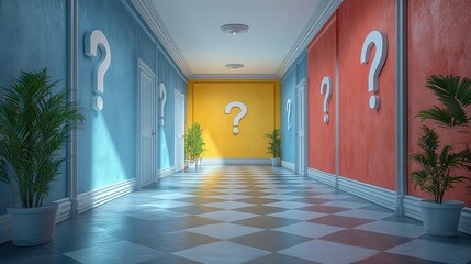Poster - hallway with multiple doors each marked with question mark symbolizing lifes choices and endless possibilities the image evokes curiosity and the uncertainty of decision making