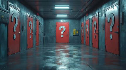 Poster - hallway with multiple doors each marked with question mark symbolizing lifes choices and endless possibilities the image evokes curiosity and the uncertainty of decision making.image