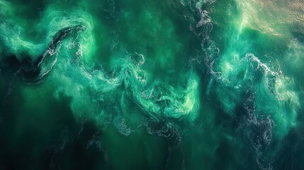 Poster - large bright green algae bloom is seen in body of water.illustration