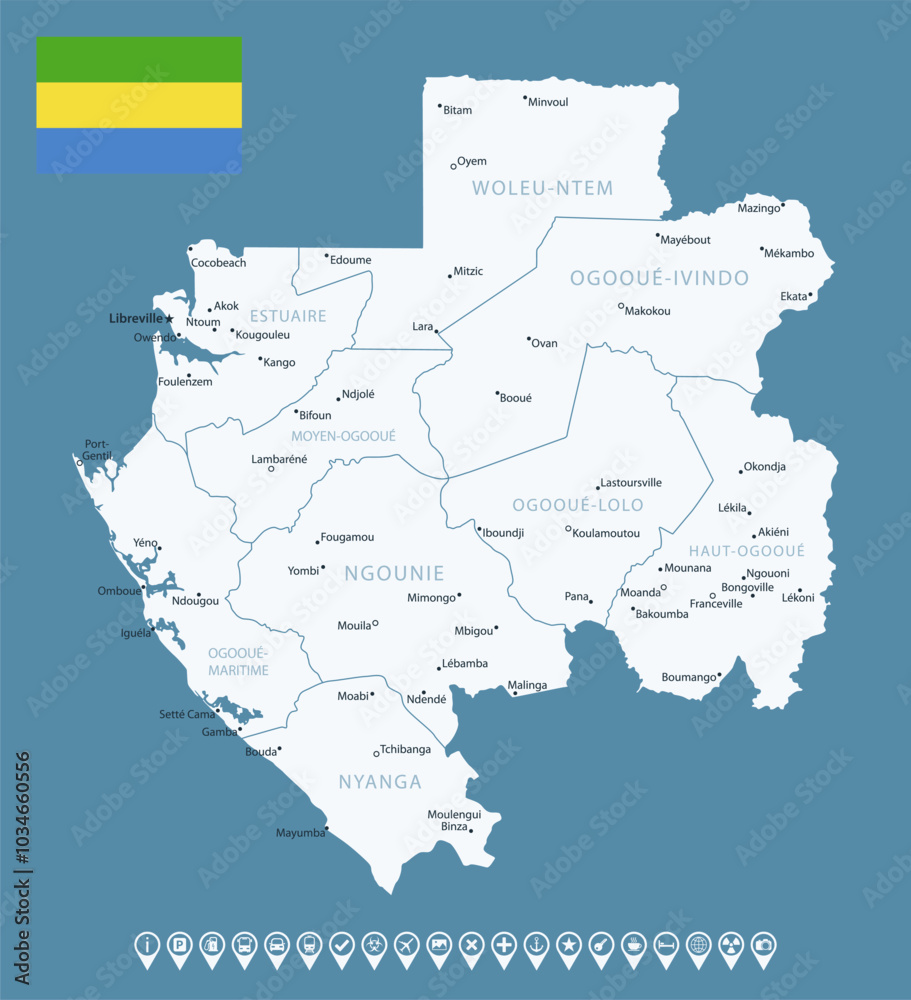 Gabon Religious Map Gabon - detailed country map with cities and regions. Infographic icons ...