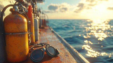 Marine equipment on a boat during sunset