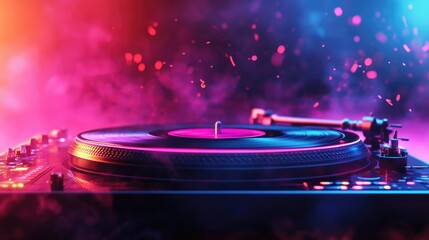 Vibrant turntable spinning in a colorful smoke-filled atmosphere