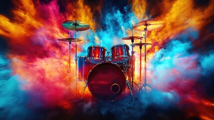 Vibrant drum set surrounded by colorful smoke and lights