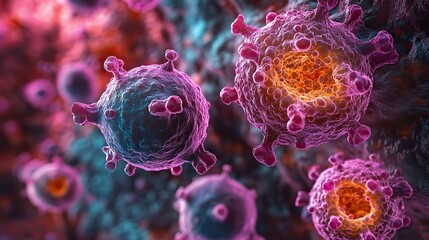 Fototapete - microscopic view of tumor cells being destroyed highlighting cellular structures and the process of tumor destruction.stock image