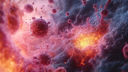 Poster - microscopic view of tumor cells being destroyed highlighting cellular structures and the process of tumor destruction