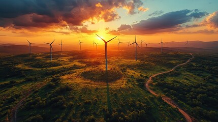 Poster - modern electricity grid harnessing renewable resources showcasing the rise of green energy production wind turbines and solar panels highlight the shift towards sustainable power