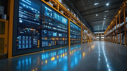Poster - modern warehouse with detailed supply chain map displayed on large screen showcasing logistics inventory management and distribution routes.image