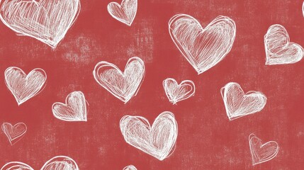 Poster - white chalk hearts drawn on a red seamless background for wrapping or wallpaper design