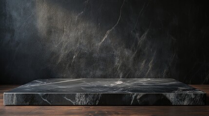 Poster - 3D rendering of an empty black marble top surface against a dark wall background with natural lighting designed for product display