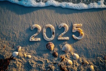 Poster - beach, sand, number, shells, , ocean, wave, summer, shoreline, happiness, vacation, travel, coastal, nature, leisure, relaxing, countdown, new year, holiday, warm, sunny