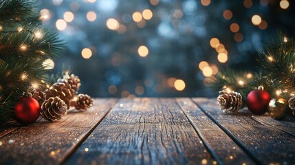 Poster - Glittering Christmas holiday background featuring 3D rendering of an empty wooden table