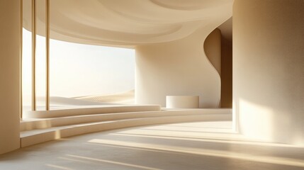 Poster - Contemporary minimalistic interior featuring a sand dune view 3D render Clean background with a podium for display and presentations Elegant architecture of the space