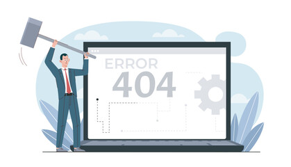 Poster - 404 error at laptop. businessman with large hammer hits laptop. technical failure and problems. erro