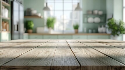 Poster - 3D rendering of a wooden table surface with a blurred modern kitchen interior in green tones