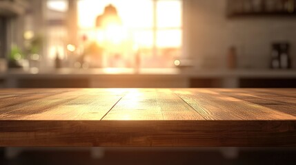 Poster - 3D rendering of a beautiful empty brown wooden tabletop with a blurred defocused modern kitchen interior background featuring daylight flare suitable for product montage display