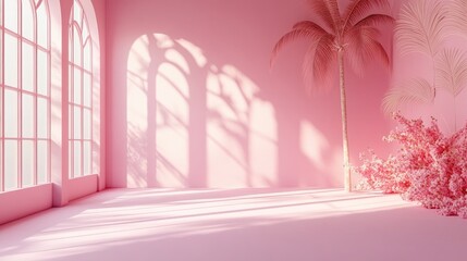 Poster - 3D rendering of an abstract pink gradient studio background for product presentation featuring an empty room with shadows of windows flowers and palm leaves providing ample copy space