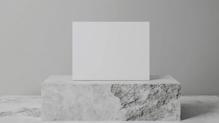 Poster - 3D illustration of a blank white card business card and gift card mockup resting on a minimal concrete podium against a grey background