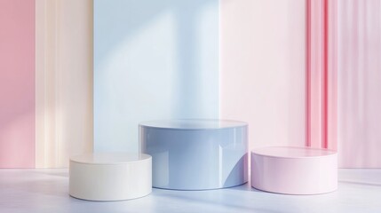 Poster - Cylinder podiums against a pastel backdrop Abstract minimalistic setting with geometric shapes Ideal scene for showcasing cosmetic products Empty mock up space for display and presentation 3D rend