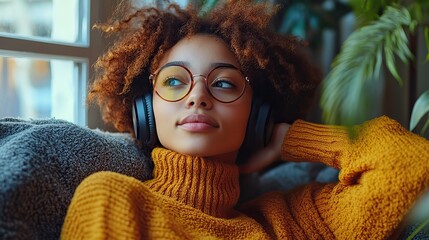 Poster - person relaxing on couch with headphones enjoying podcast the image conveys relaxation audio immersion and mental escape.stock image