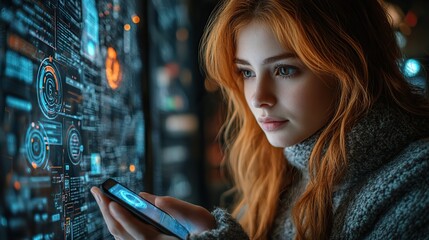 Poster - person securely logging into their smartphone emphasizing cybersecurity and dat protection