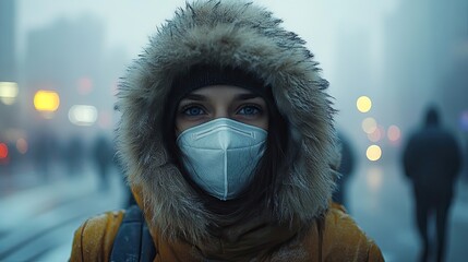 Poster - person wearing mask stands in smog filled city highlighting urban air pollution issues.stock image