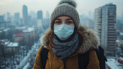 Poster - person wearing mask stands in smog filled city highlighting urban air pollution issues