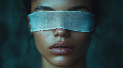 Poster - person with white blindfold symbolizes ignorance trust or impartiality.stock image