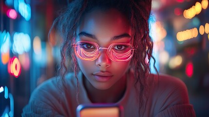 Poster - phone with neon lights reflecting on their face symbolizing digital culture and self expression