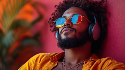 Poster - relaxed listener enjoying podcast on headphones immersed in sound waves.image