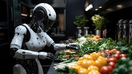 Poster - robot housewife is preparing food in modern kitchen surrounded by fresh vegetables and kitchen utensils symbolizing the future of domestic chores and ai integration in daily life.illustration