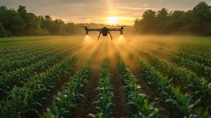 Aufkleber - A drone is spraying pesticide over a cornfield during sunset, with a mist rising from the crops. The golden light enhances the beauty of the rural landscape.