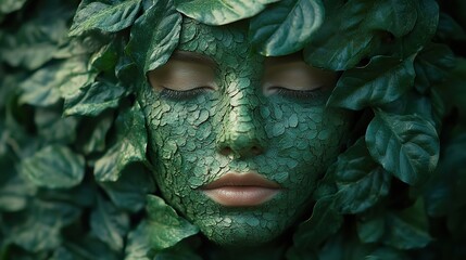 Poster - serene green face merged with lush leaves symbolizes the harmony between humans and nature reflecting the essence of ecotherapy and wellness through ecological connection.image