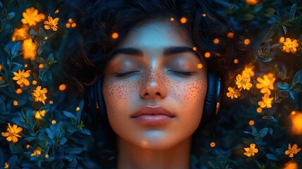Poster - serene guided meditation concept featuring female with earphones stylized with calming plant elements ideal for promoting mindfulness and relaxation.stock image