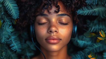 Poster - serene guided meditation concept featuring female with earphones stylized with calming plant elements ideal for promoting mindfulness and relaxation.illustration