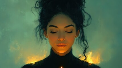Poster - sereneof woman meditating with closed eyes accompanied by subtle candle glow emphasizing tranquility and mindfulness.stock image
