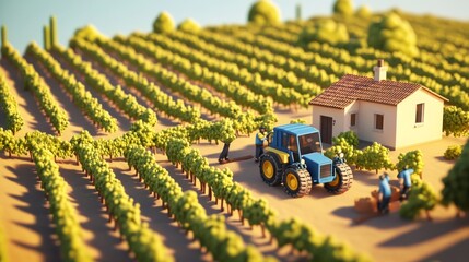 A serene vineyard scene featuring a blue tractor and workers harvesting grapes near a quaint farmhouse.