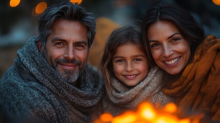 Wall Mural - A happy family enjoys a cozy evening by the campfire, wrapped in warm blankets. They share smiles, laughter, and warmth as they bond together, surrounded by a magical, glowing atmosphere.