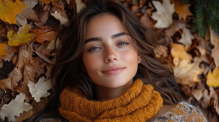 Poster - serene woman lies peacefully among autumn leaves embodying ecotherapy and nature inspired harmony evoking happiness and calm.illustration