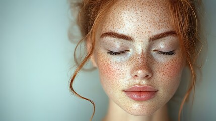 Poster - serene woman with clear skin and freckles eyes closed symbolizing the connection between mental wellbeing and skin health in psychodermatology
