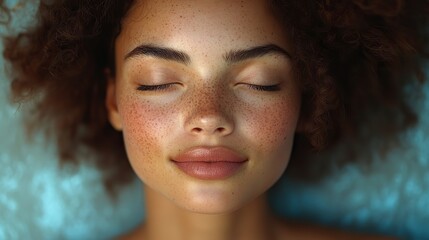 Poster - serene woman with clear skin and freckles eyes closed symbolizing the connection between mental wellbeing and skin health in psychodermatology.illustration