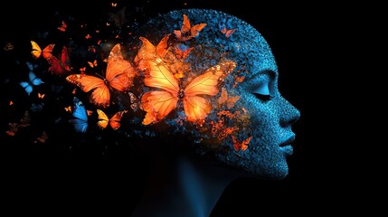 Aufkleber - silhouette of human head composed of butterflies symbolizing transformation and emotional healing.st