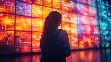 Poster - silhouette of person facing multiple screens with abstract patterns and vibrant colors symbolizing c