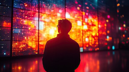 Poster - silhouette of person facing multiple screens with abstract patterns and vibrant colors symbolizing c
