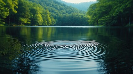 Poster - single water droplet creates ripples on calm lake surrounded by untouched nature during serene day the tranquil scene captures the essence of peaceful wilderness