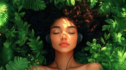 Poster - stylizedof female with earphones surrounded by plant elements representing the concept of guided meditation perfect for promoting mindfulness and relaxation practices.stock image