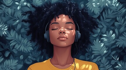 Poster - stylizedof woman with earphones immersed in guided meditation surrounded by calming plant elements perfect for promoting mindfulness and relaxation.stock image