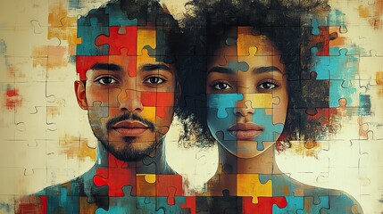 Poster - stylizedof two diverse individuals holding puzzle pieces symbolizing collaboration teamwork and unity the image emphasizes diversity and inclusion in problem solving.illustration