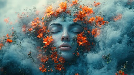 Poster - surreal image depicting woman s face blending into dark clouds and vibrant flowers symbolizing the c