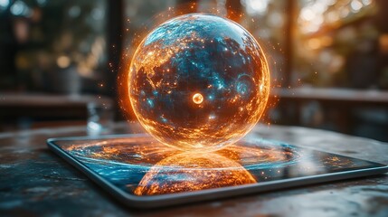 Poster - tablet on classroom desk displays an augmented reality hologram with planets and cosmos illustrating