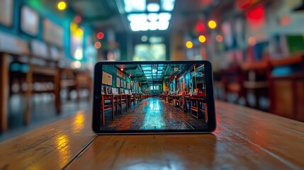 Poster - tablet on classroom desk displays augmented reality showcasing an innovative and engaging learning experience ar in education revolutionizes traditional teaching methods.stock image